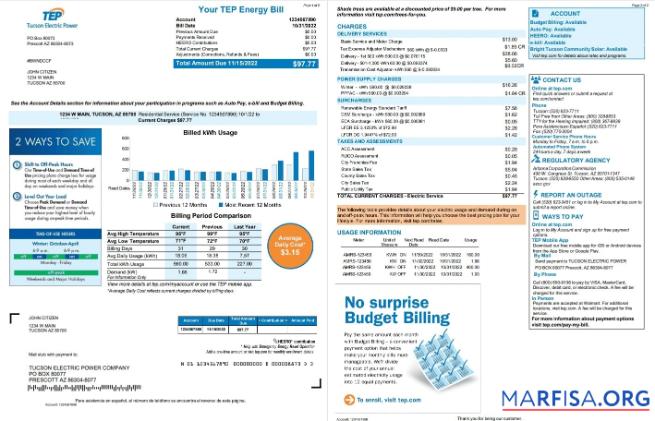 Printable USA Arizona Tucson Electric Power (TEP) utility bill, Word and PDF template, 2 pages